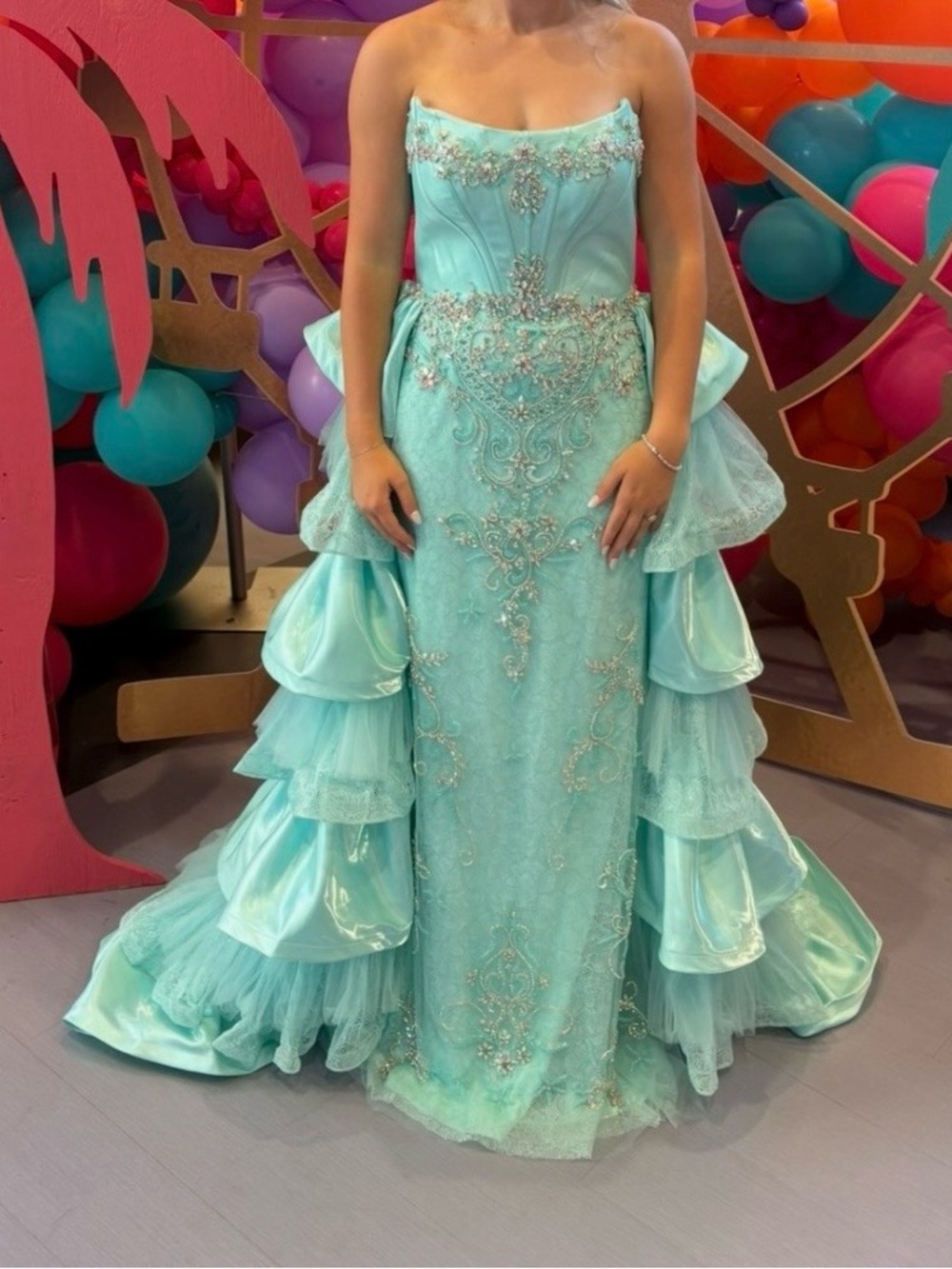 Strapless Aqua Blue Embellished Prom Gown